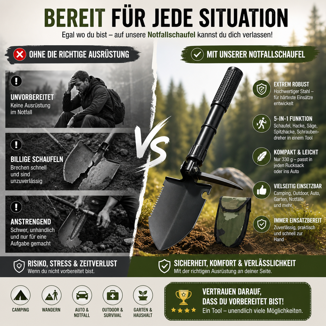 5-in-1 Überlebensschaufel kompakt – Taktikspaten aus Edelstahl mit Säge, Kompass & Flaschenöffner für Camping & Outdoor