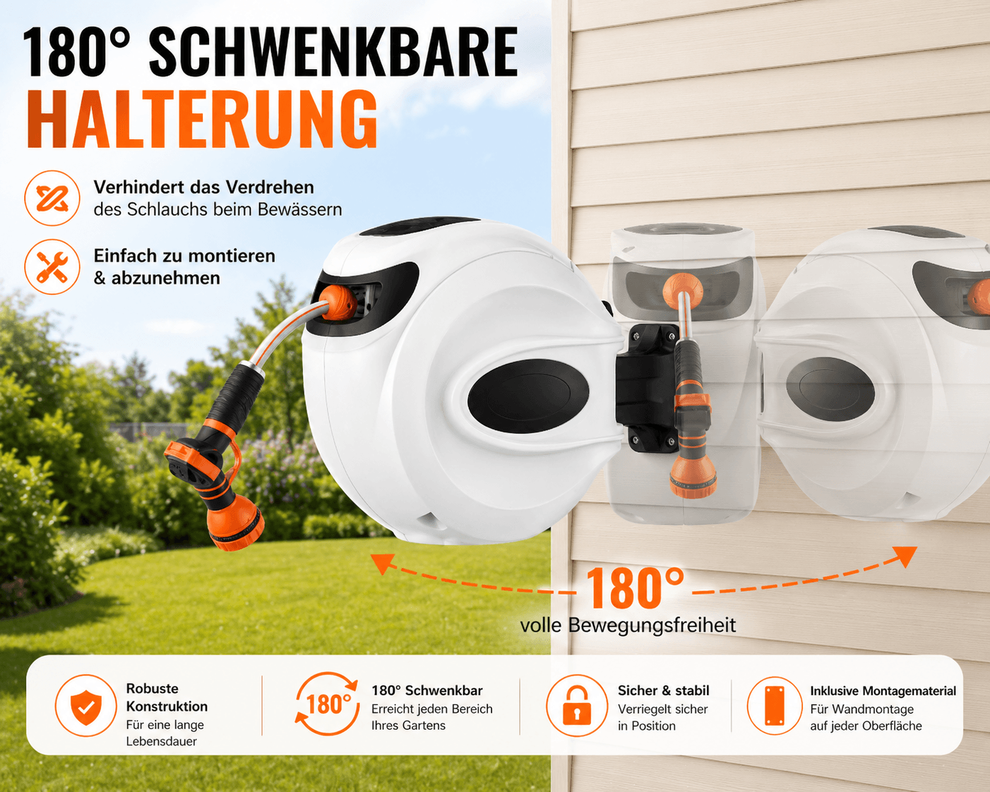 Automatische Schlauchtrommel mit Wandhalterung schwenkbar