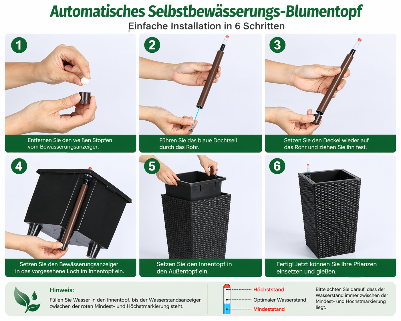 2er Set Selbstbewässernde Blumentöpfe mit Wasserstandsanzeige – 40 cm Rattan-Optik Pflanzgefäße für Innen & Außen, Wetterfest, Weiß