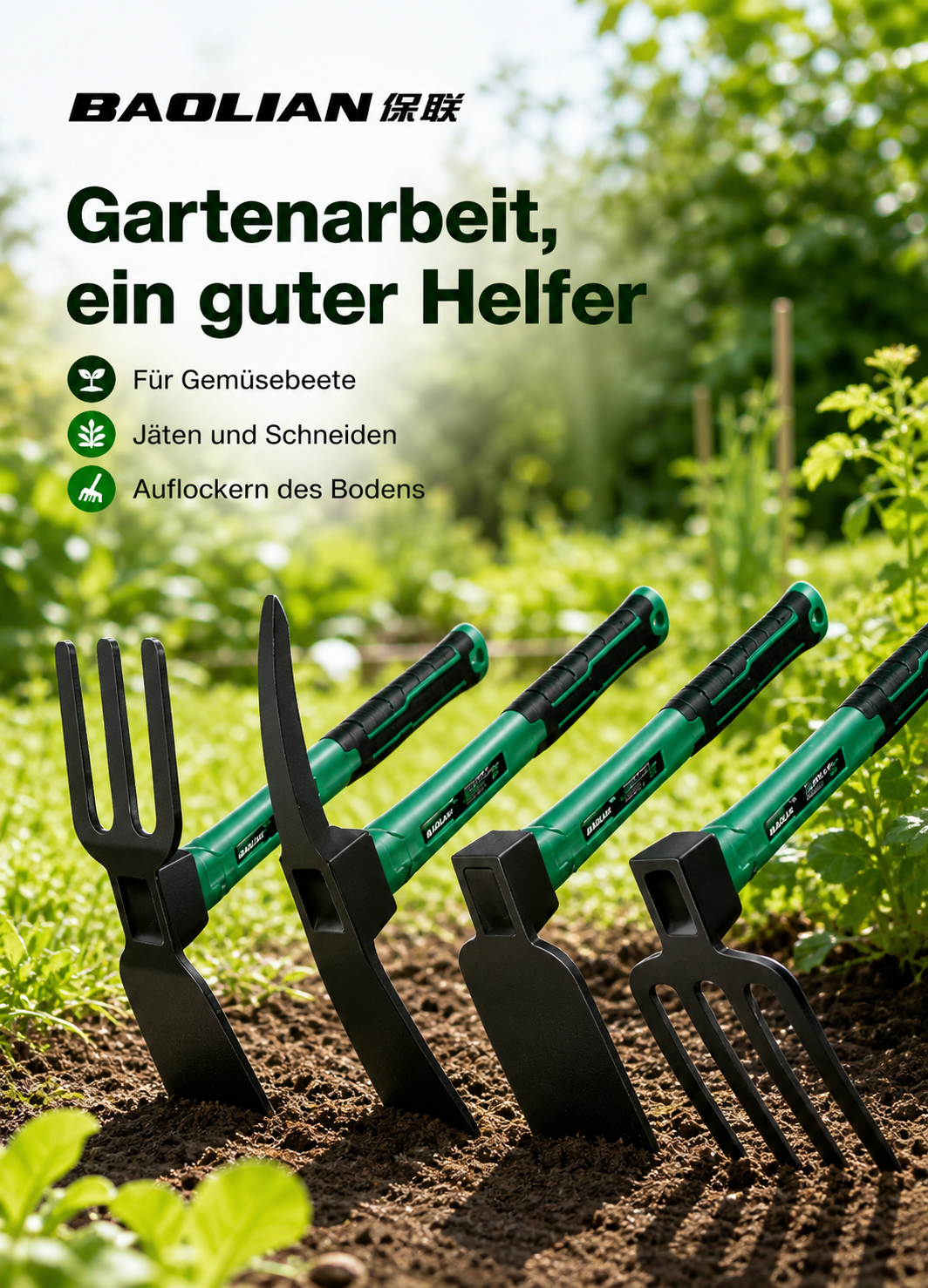 BAOLIAN Gartenwerkzeuge – Schaufel, Hacke & Harken mit rutschfestem Gummigriff für Garten & Pflanzenpflege