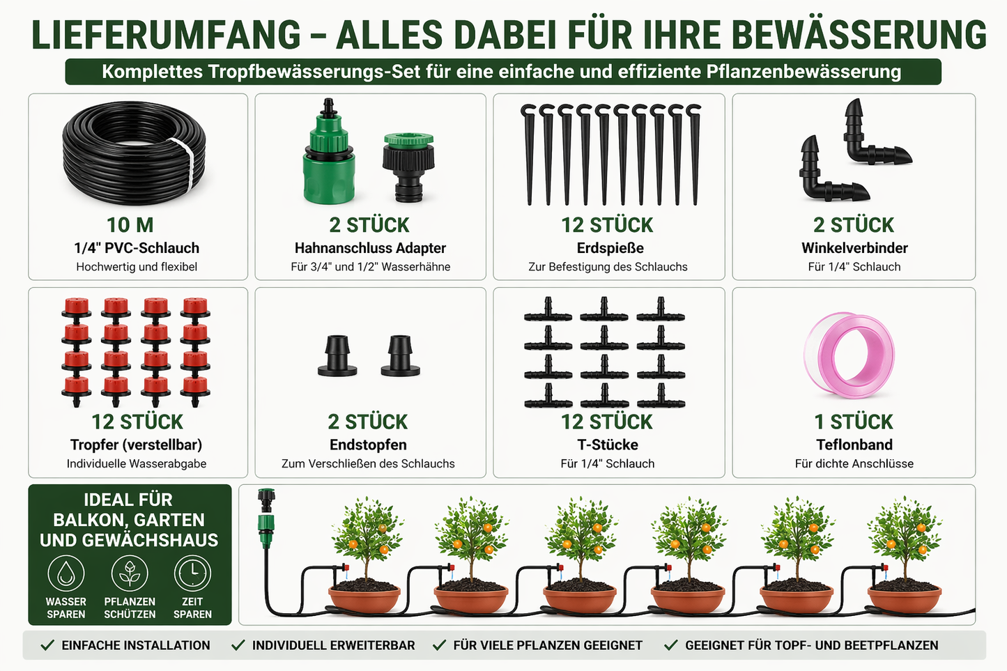 Tropfbewässerungssystem 20–50 m – Automatische Pflanzenbewässerung für Balkon, Garten & Gewächshaus | 1/4 Zoll Bewässerungsset mit verstellbaren Tropfern | DIY Mikro Bewässerung Set