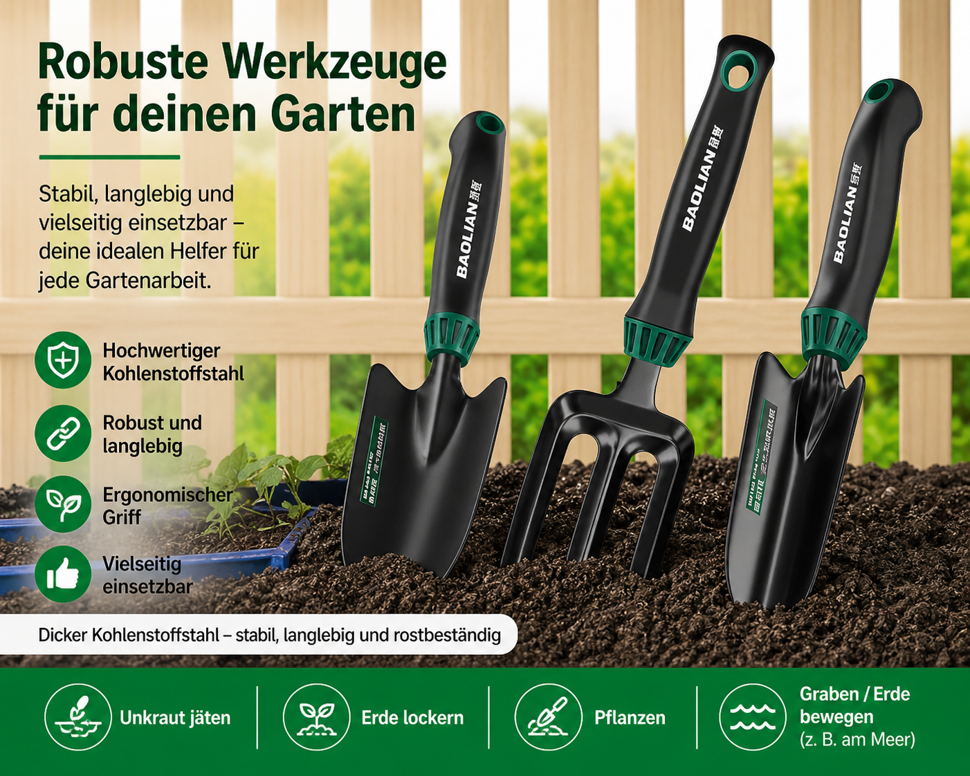 Robustes 3-teiliges Gartenwerkzeug-Set aus Hochleistungsstahl – Pflanzschaufel, 5-Zinken-Grabegabel & Unkrautjäter – Ergonomisch & rutschfest für komfortables Arbeiten