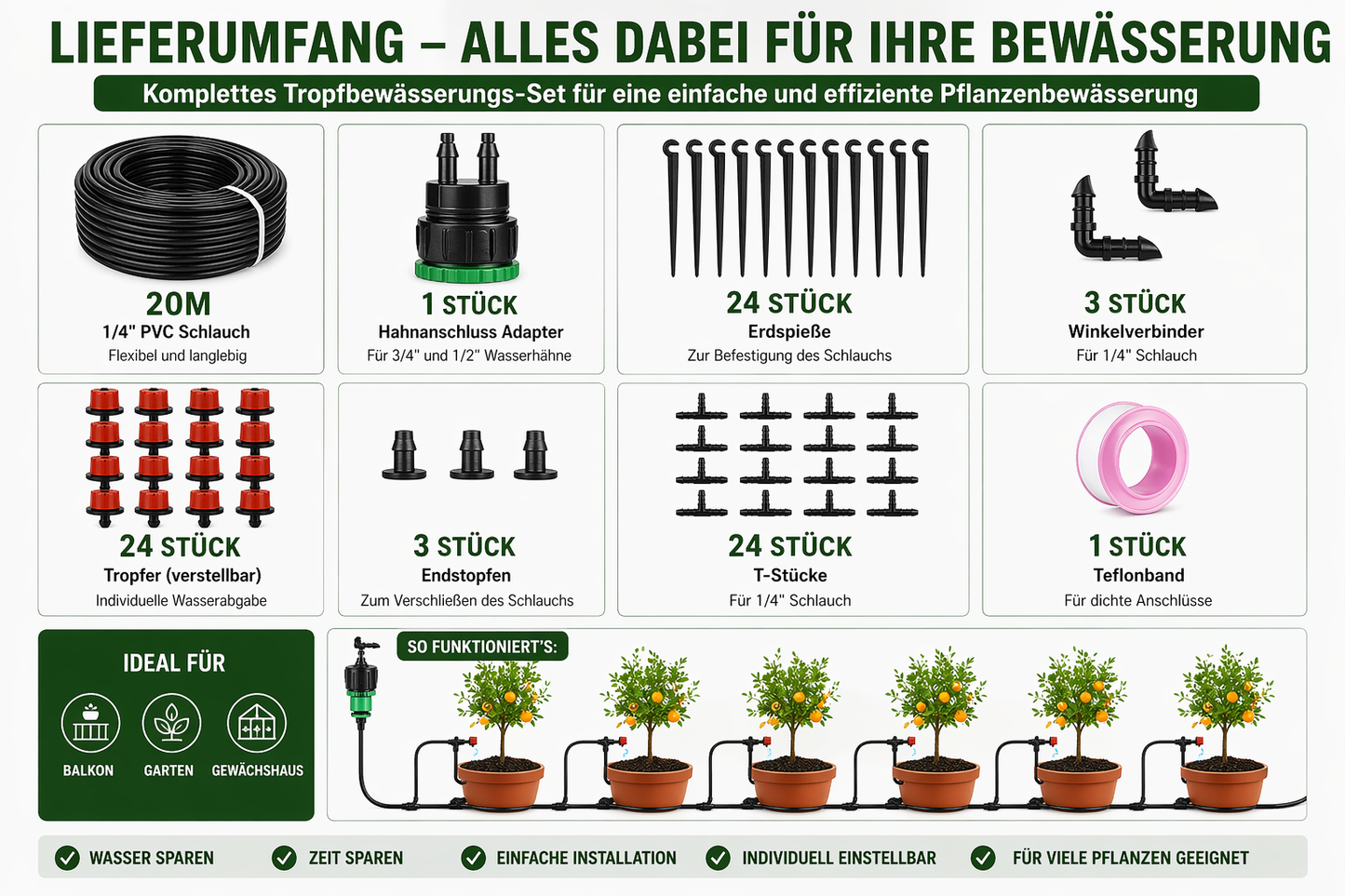 Tropfbewässerungssystem 20–50 m – Automatische Pflanzenbewässerung für Balkon, Garten & Gewächshaus | 1/4 Zoll Bewässerungsset mit verstellbaren Tropfern | DIY Mikro Bewässerung Set