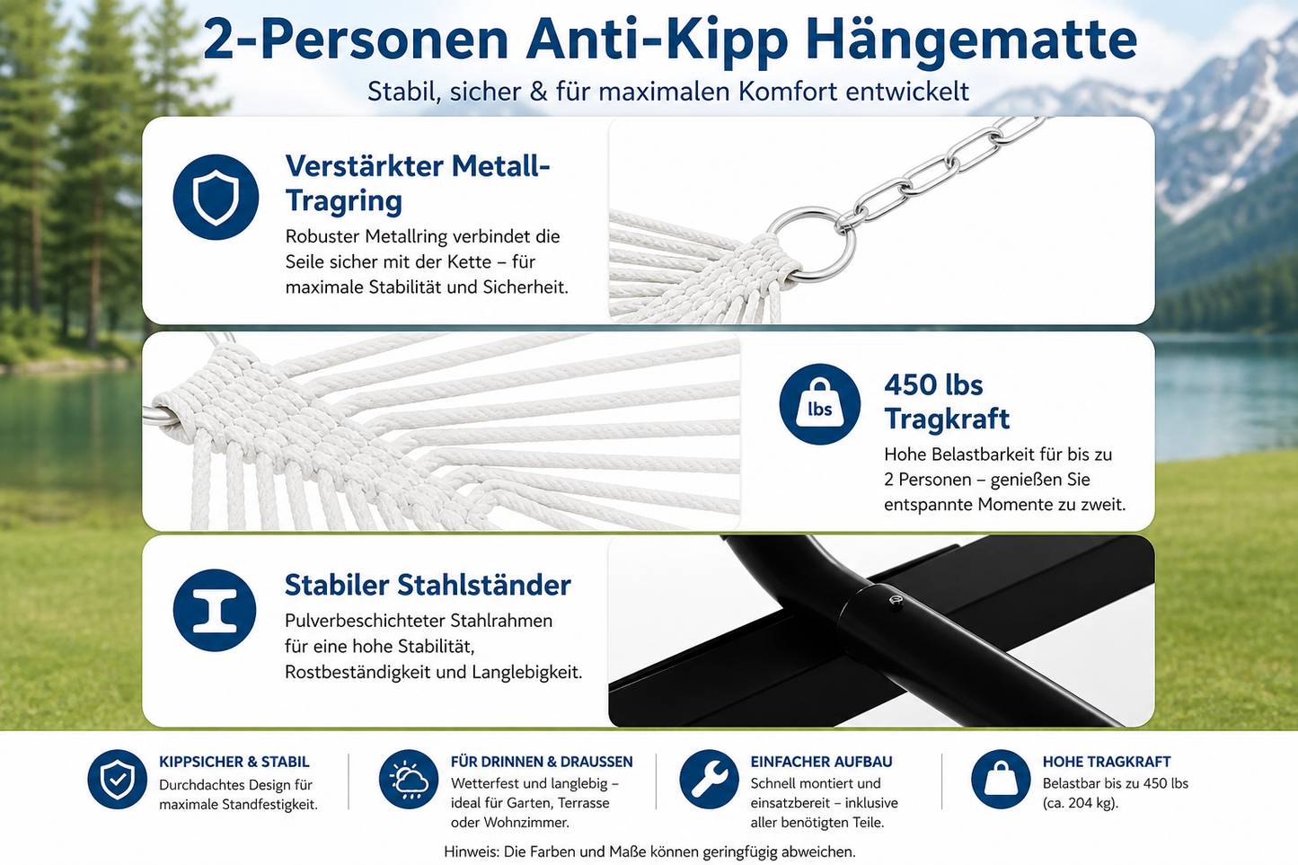 2 Personen Hängematte mit Gestell – Outdoor & Indoor, Verstellbarer Stahlrahmen, Wetterfest, inkl. Kissen – Bis 200kg Belastbar
