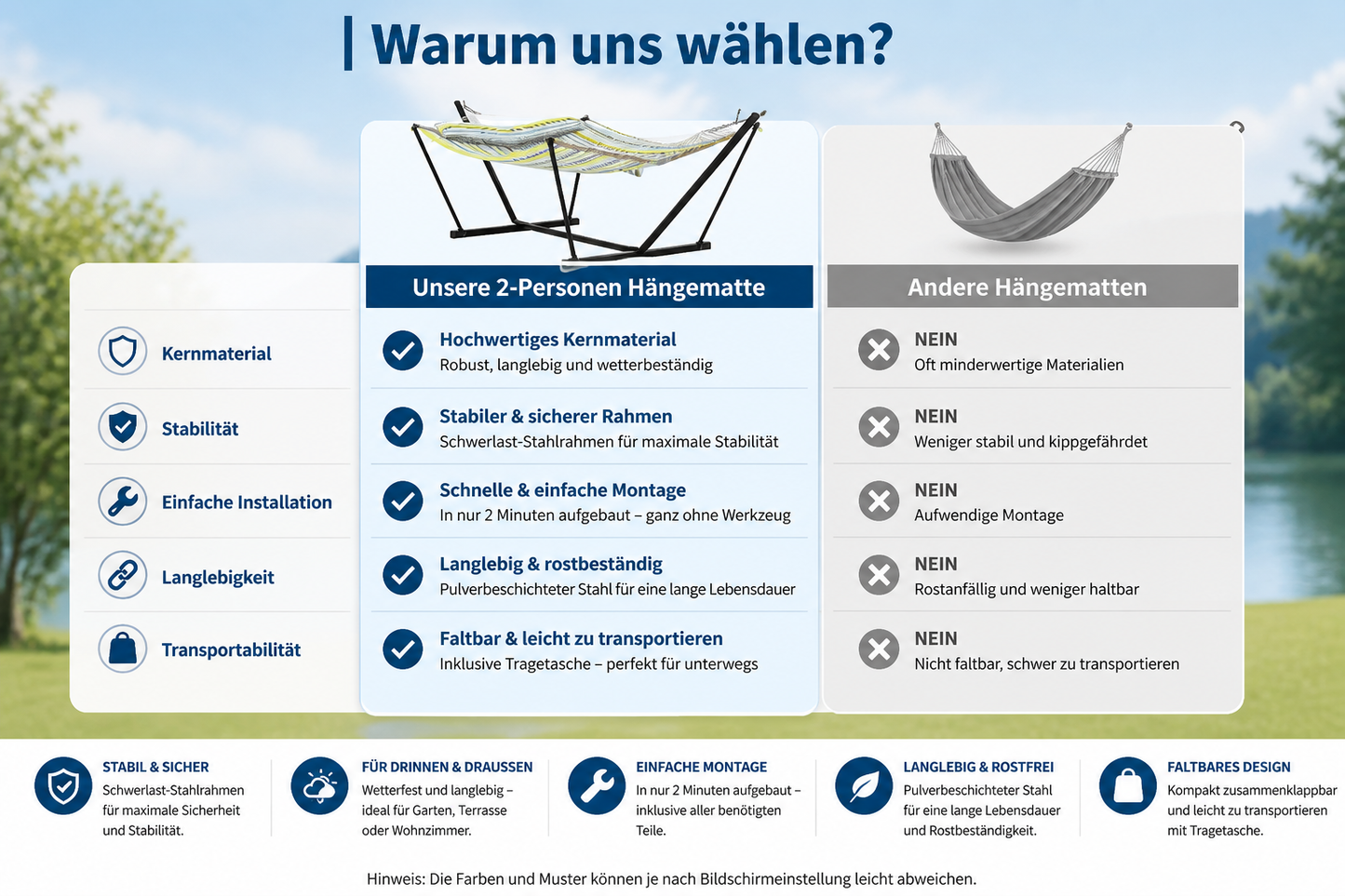 2 Personen Hängematte mit Gestell – Outdoor & Indoor, Verstellbarer Stahlrahmen, Wetterfest, inkl. Kissen – Bis 200kg Belastbar
