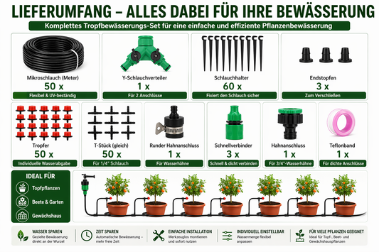 Tropfbewässerungssystem 20–50 m – Automatische Pflanzenbewässerung für Balkon, Garten & Gewächshaus | 1/4 Zoll Bewässerungsset mit verstellbaren Tropfern | DIY Mikro Bewässerung Set