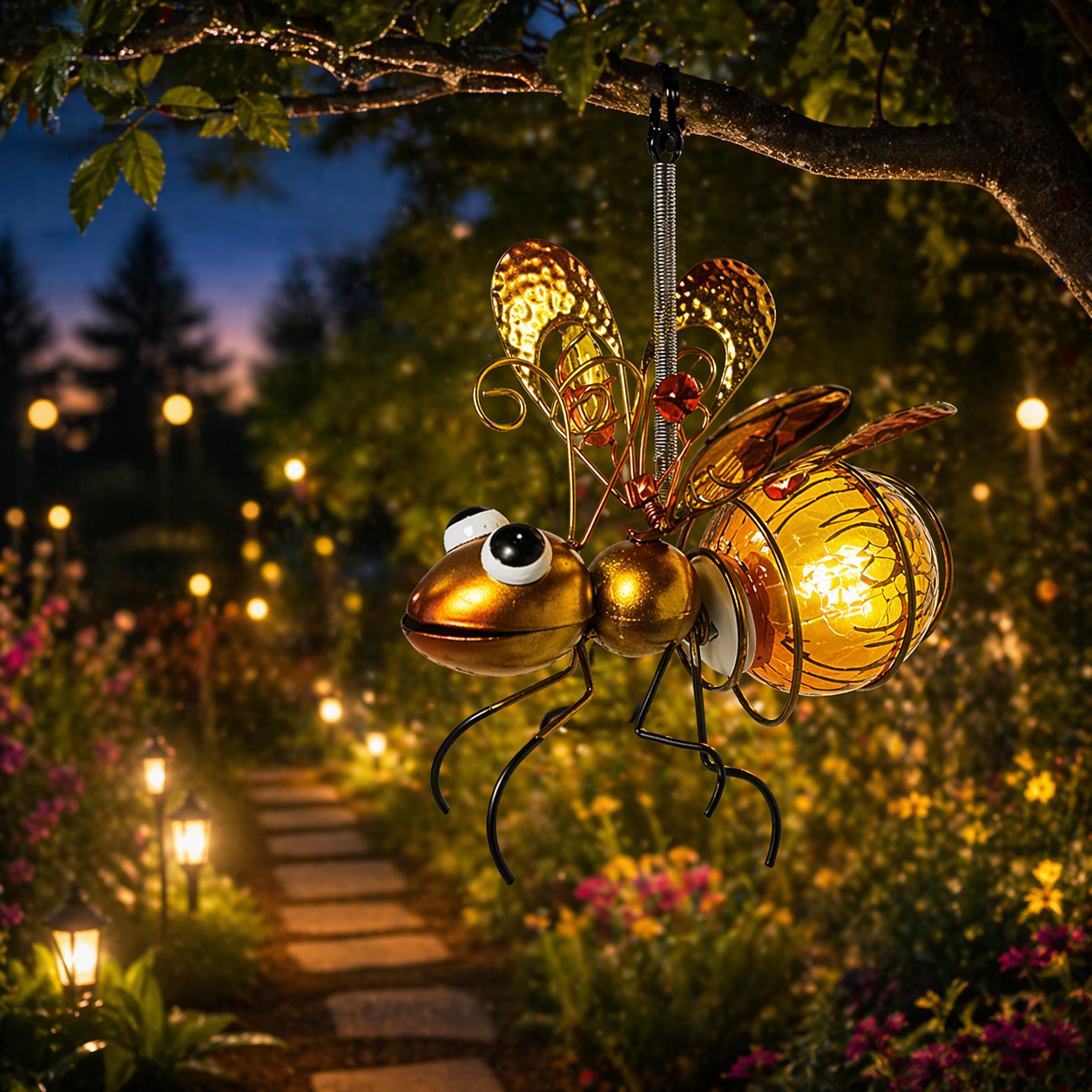 Solar Bienen Laterne Metall LED – Garten Hängedeko, Libelle Solar Licht für Balkon, Terrasse & Outdoor Dekoration