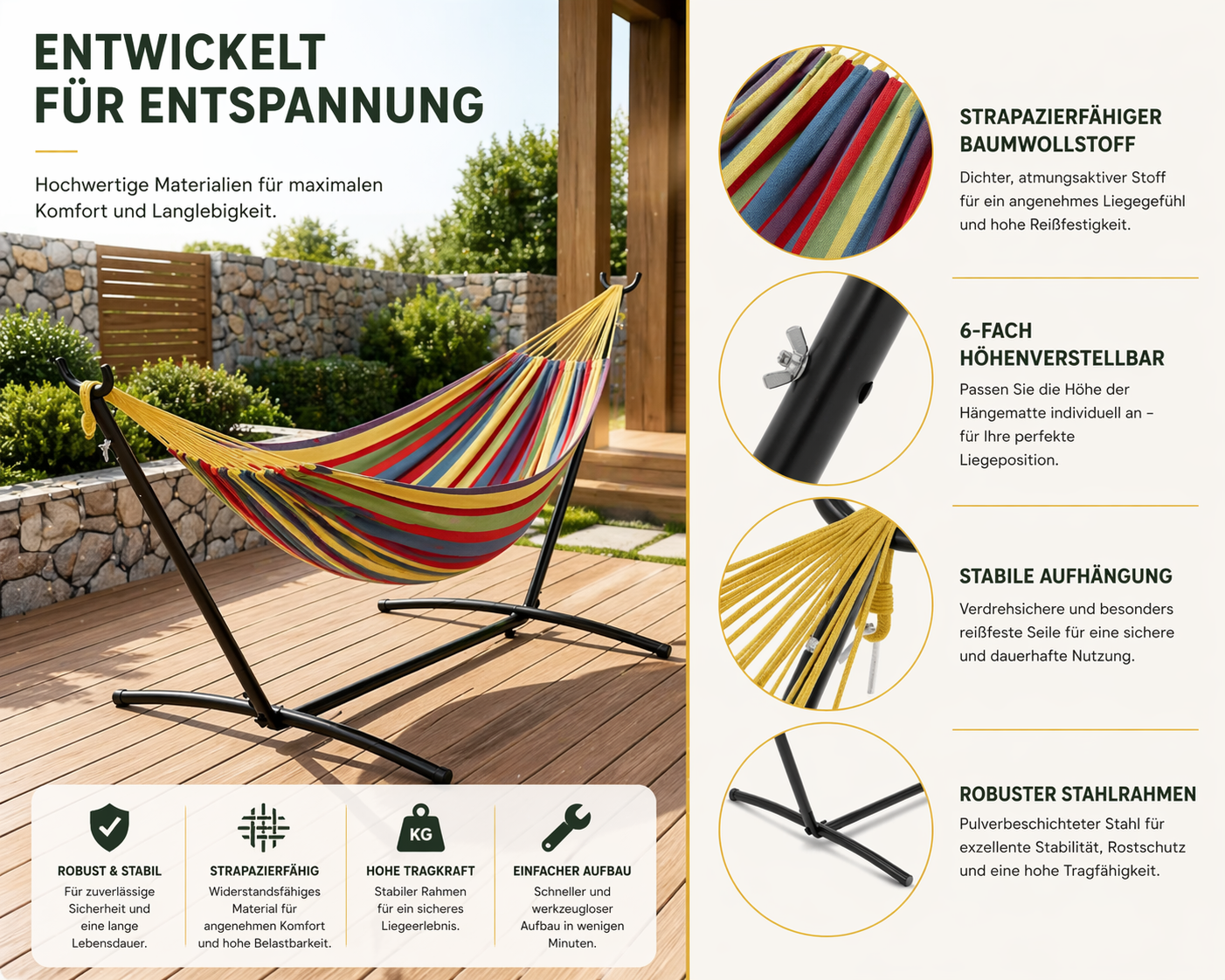 Doppel-Hängematte mit Gestell für 2 Personen – Outdoor & Indoor – Tragbare Gartenhängematte mit Stahlrahmen, 200 kg belastbar, inkl. Tragetasche