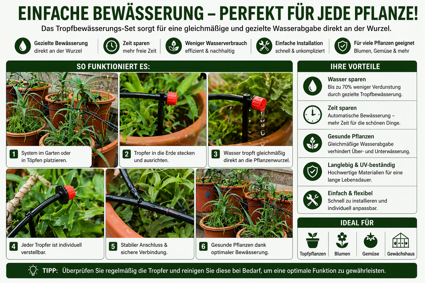 Tropfbewässerungssystem 20–50 m – Automatische Pflanzenbewässerung für Balkon, Garten & Gewächshaus | 1/4 Zoll Bewässerungsset mit verstellbaren Tropfern | DIY Mikro Bewässerung Set