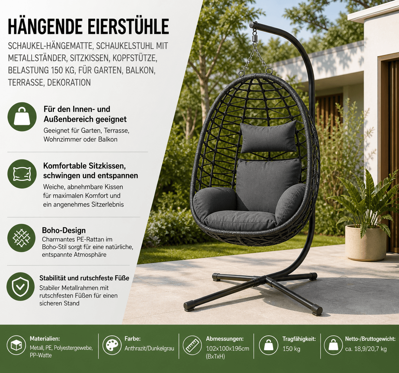 Hängesessel mit Gestell im Boho Design