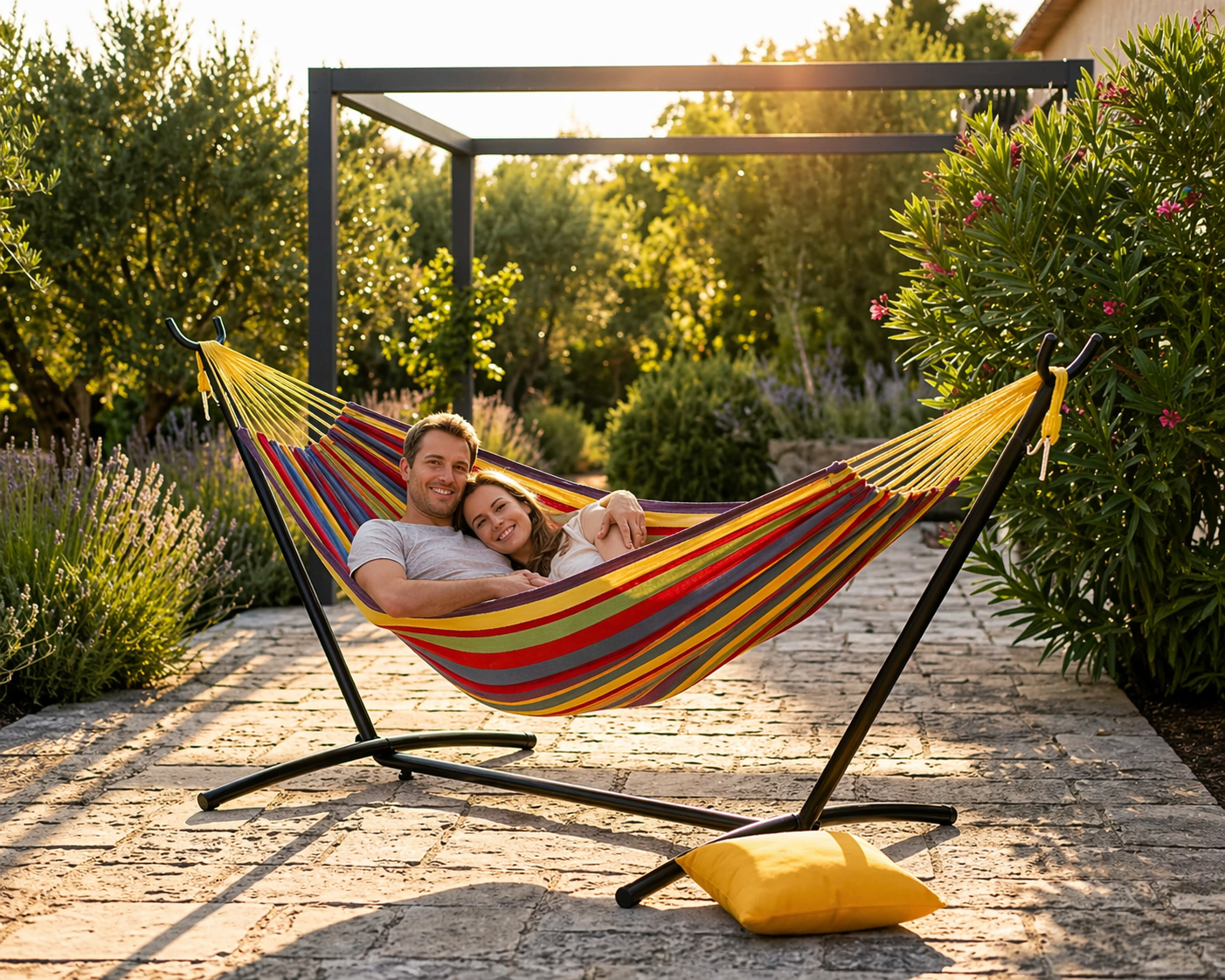 Doppel-Hängematte mit Gestell für 2 Personen – Outdoor & Indoor – Tragbare Gartenhängematte mit Stahlrahmen, 200 kg belastbar, inkl. Tragetasche