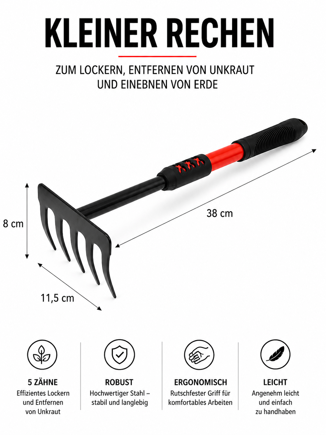 4-teiliges Gartenwerkzeug Set – Schaufel, Rechen & Hacke | Robuste Hand Gartengeräte aus Stahl für Pflanzen, Unkraut & Gemüsebeet